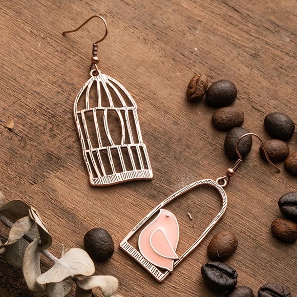 Bird Cage Antique Bronze Gold Chic Pink Earrings - Picture 7 of 8
